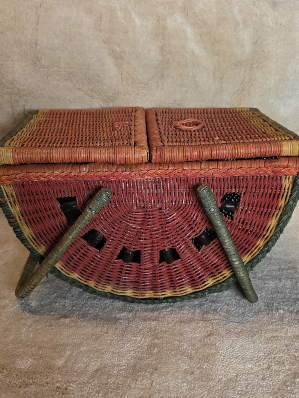 Vintage Watermelon Wicker Basket | 1970s Novelty Picnic Basket & Sewing Box